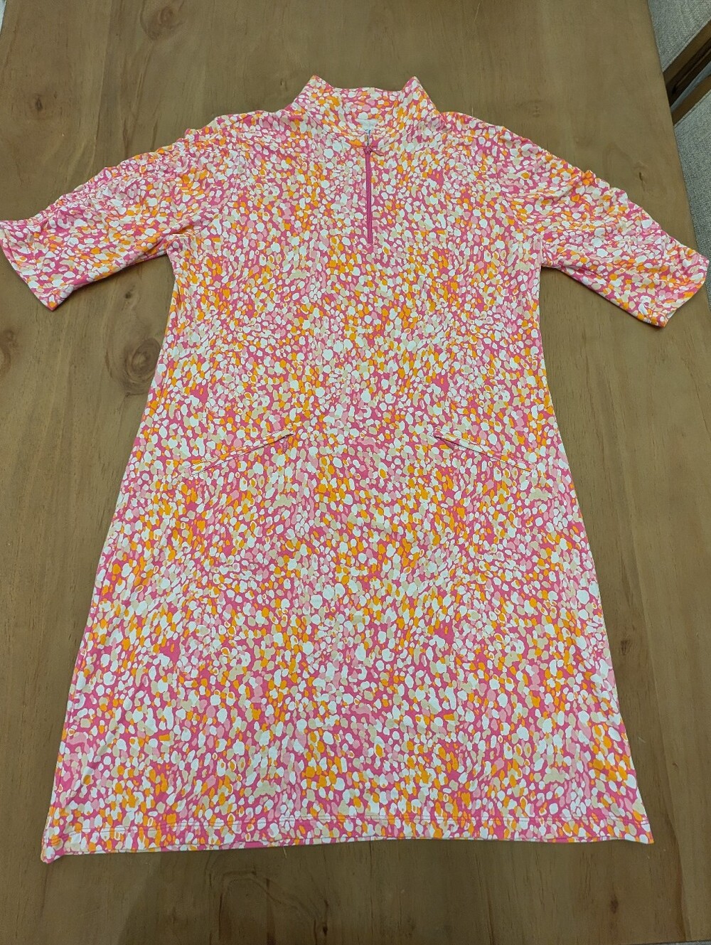 IBKUL Naomi Print Ruched Elbow Length Sleeve Dress -Pink Orange UPF50 L